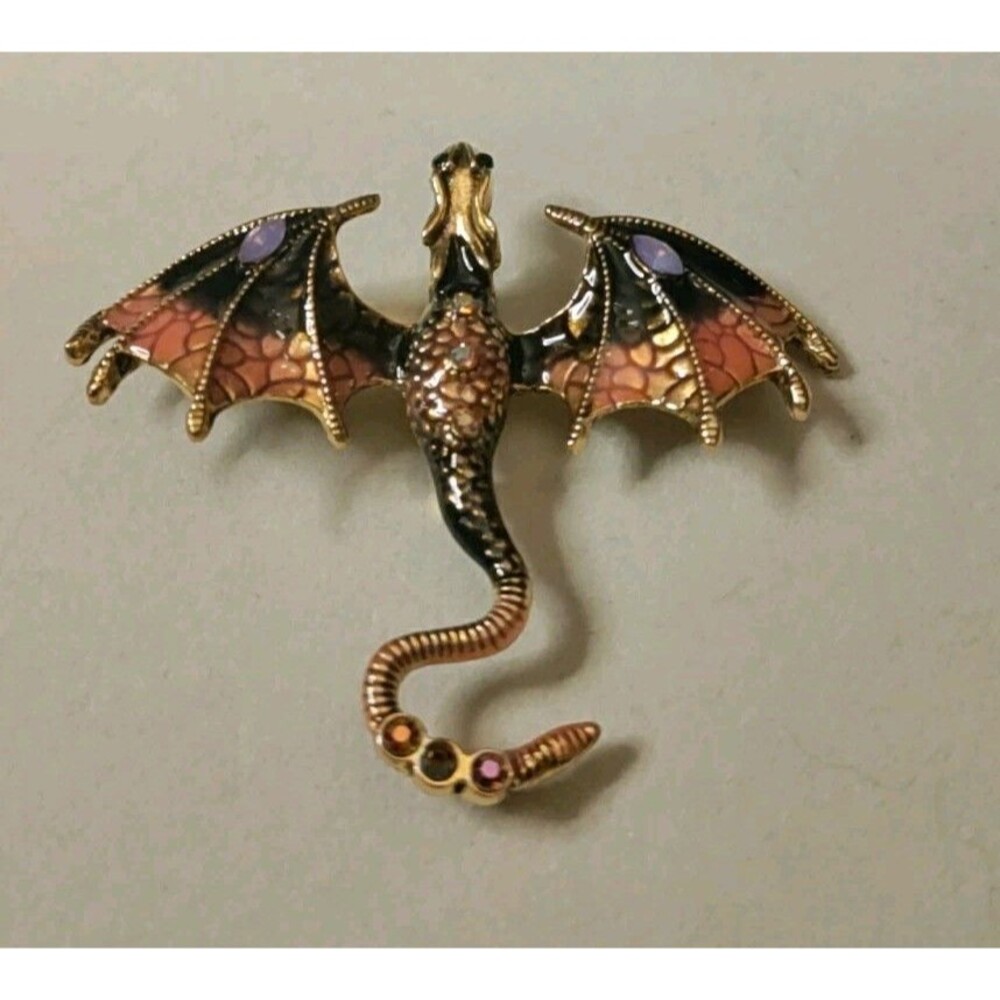 Black Pink & Gold Tone Enamel Dragon Brooch